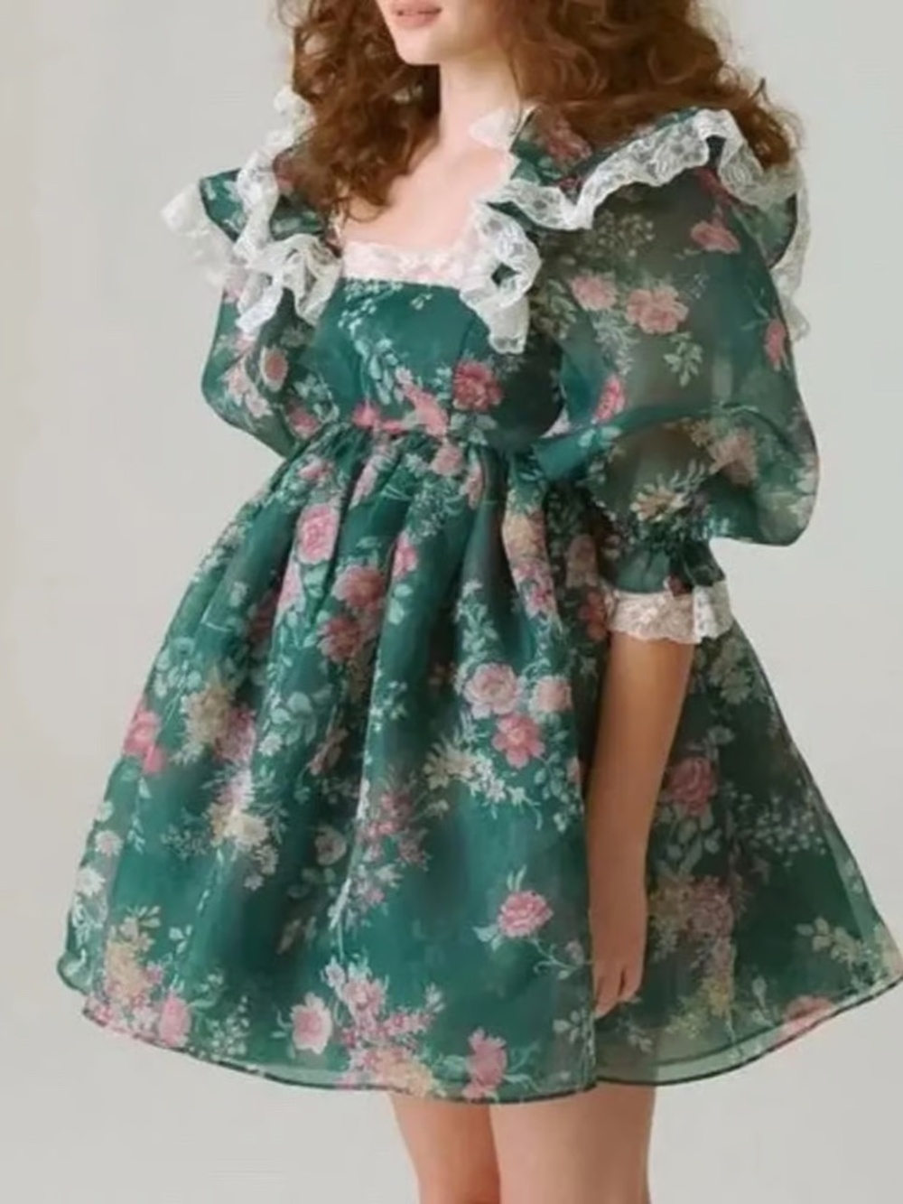 Selkie Green Gables Sugarfrill Puff Dress - Green Floral w/ Lace